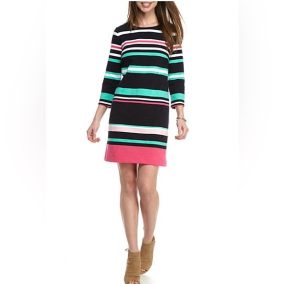 Crown & Ivy Shift Dress Ribbed Navy White Mint Pink Stripe Small Coastal Spring - Picture 1 of 13